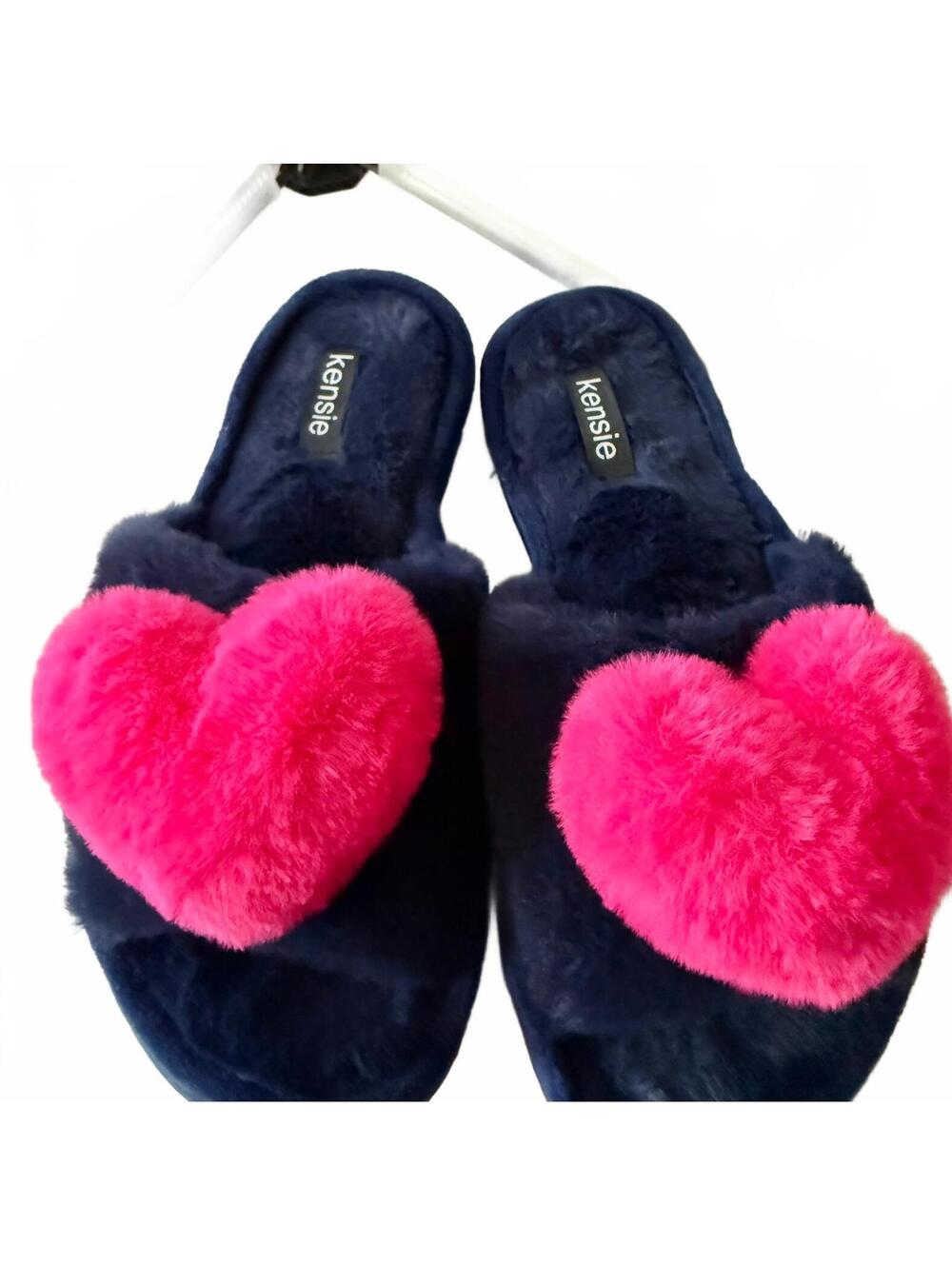 Kensie Navy Pink Plush Heart Slippers Small 6/7 Fuzzy Slides